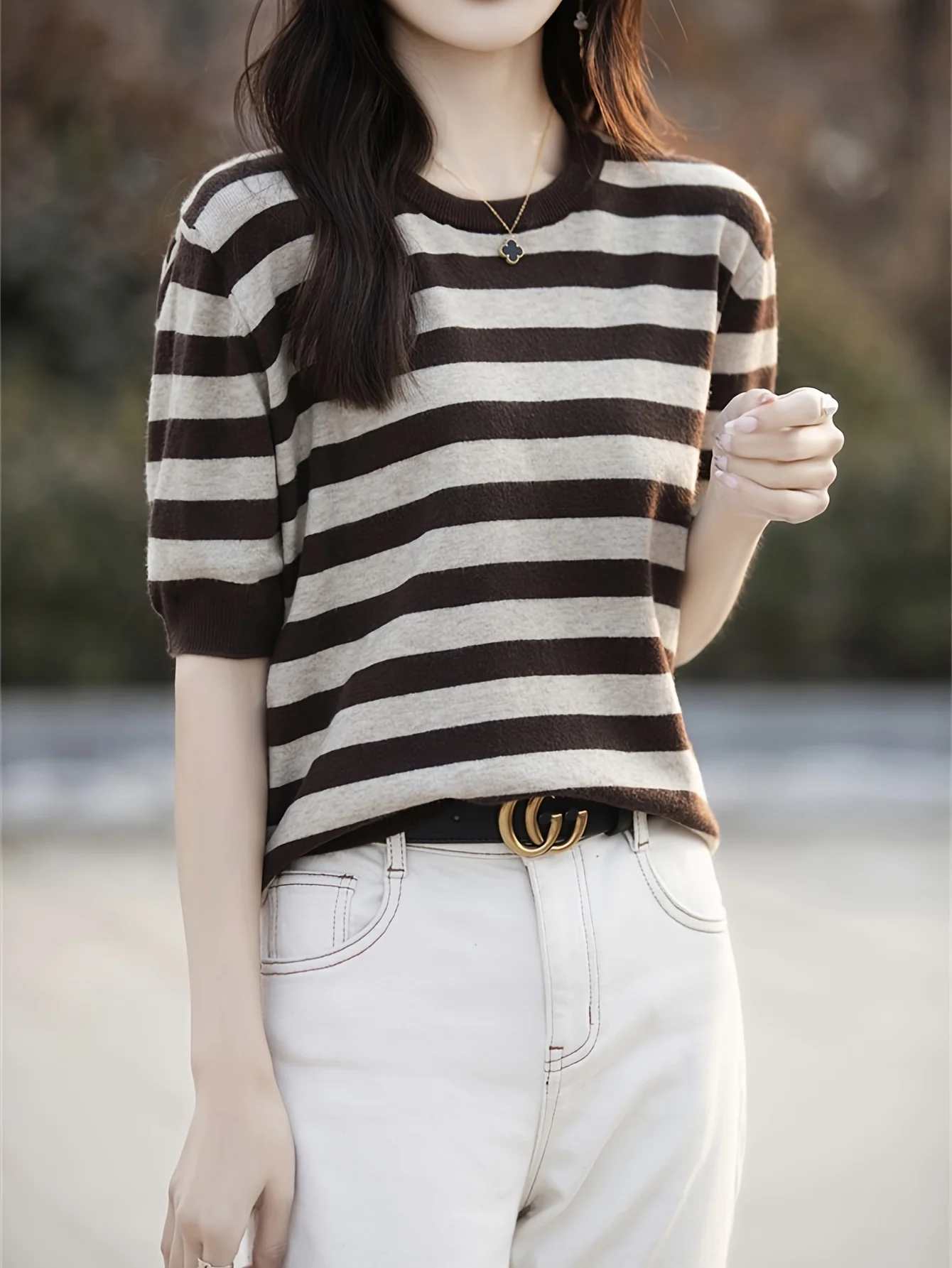New Striped T-Shirt for Women, Loose Fit Crew Neck Pullover, Women's Short Sleeve T-Shirt, Straight Top for Women - 图片 22