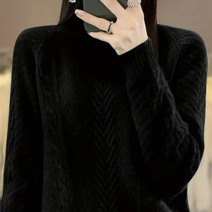 New Loose Thick Base Layer Top, Vintage Cable- Half-High Collar Sweater for Women, Casual And Versatile Knitwear
