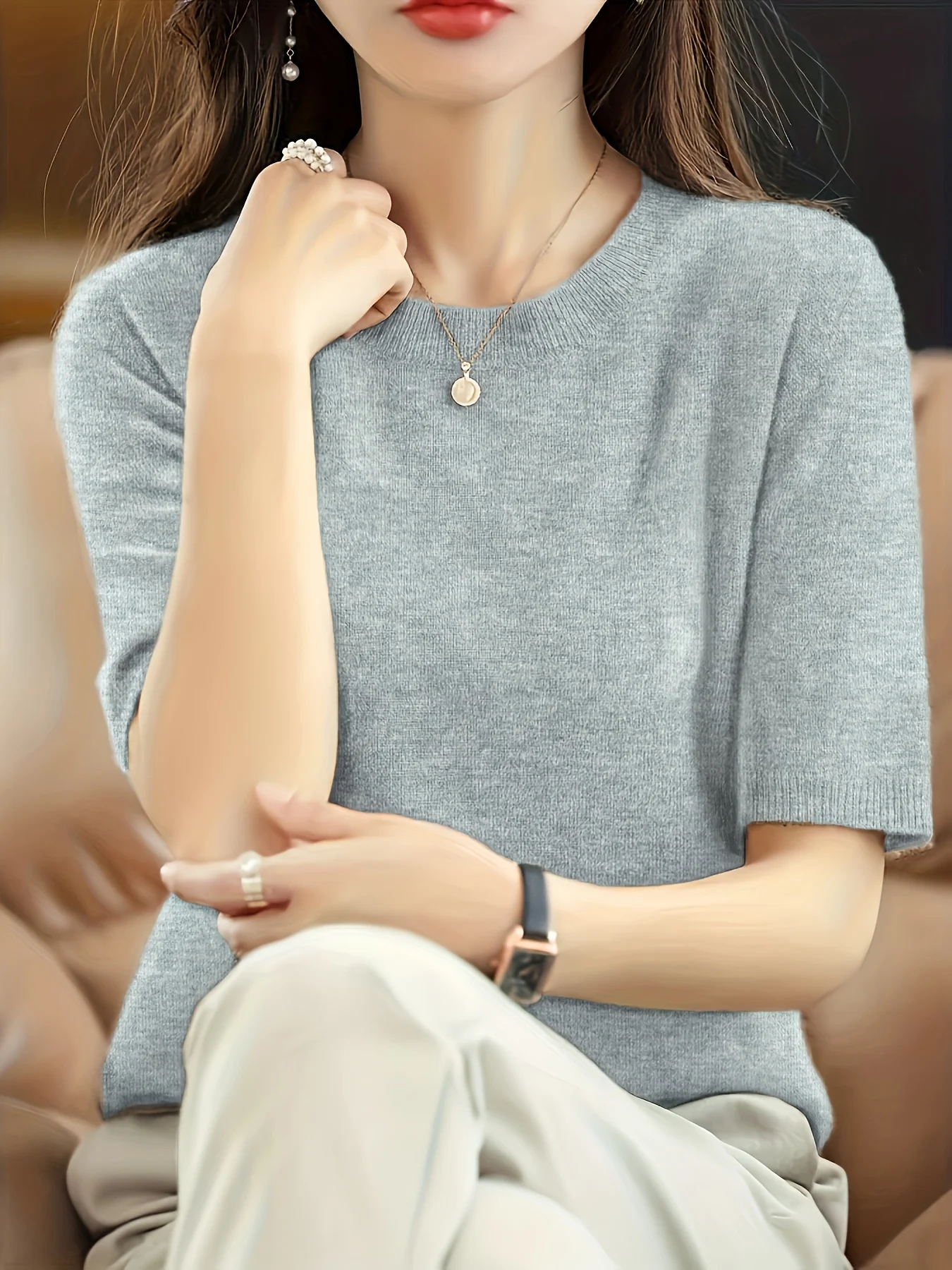 Self-developed Women's Short-sleeve Pullover Round-neck Half-sleeve Short Base Layer Shirt - 图片 14