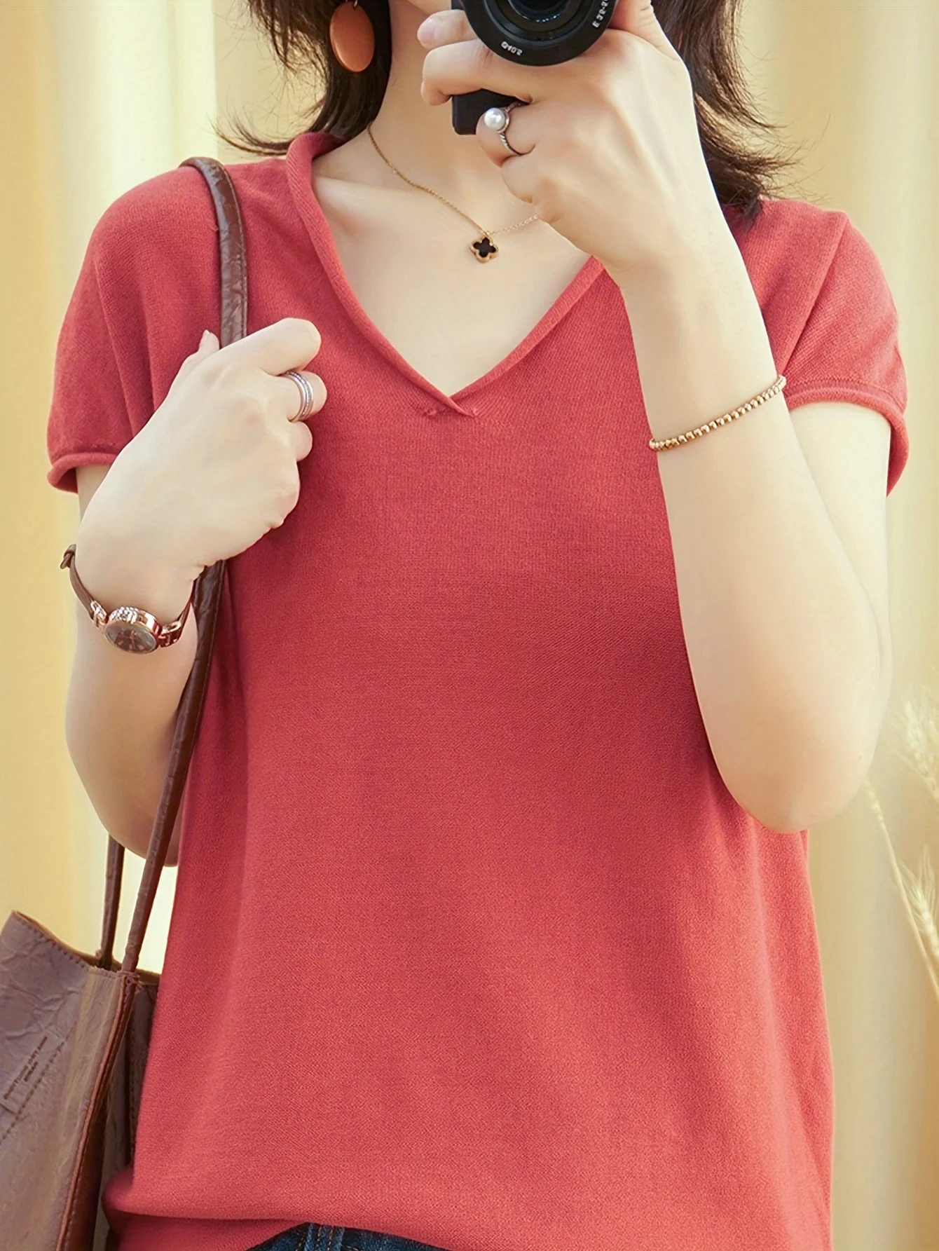 Fine New Solid Color T-Shirt Women'S V-Neck Short Sleeve Loose Casual Sweater Top - 图片 7
