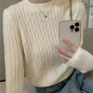 Fine New Women'S Round Neck Cable Sweater Long Sleeve Base Layer Outer Wear Loose
