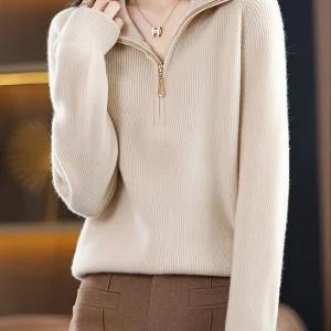 New Fine-Spun Casual Solid Color Long-Sleeve Zip-Up Pullover Sweater for Women