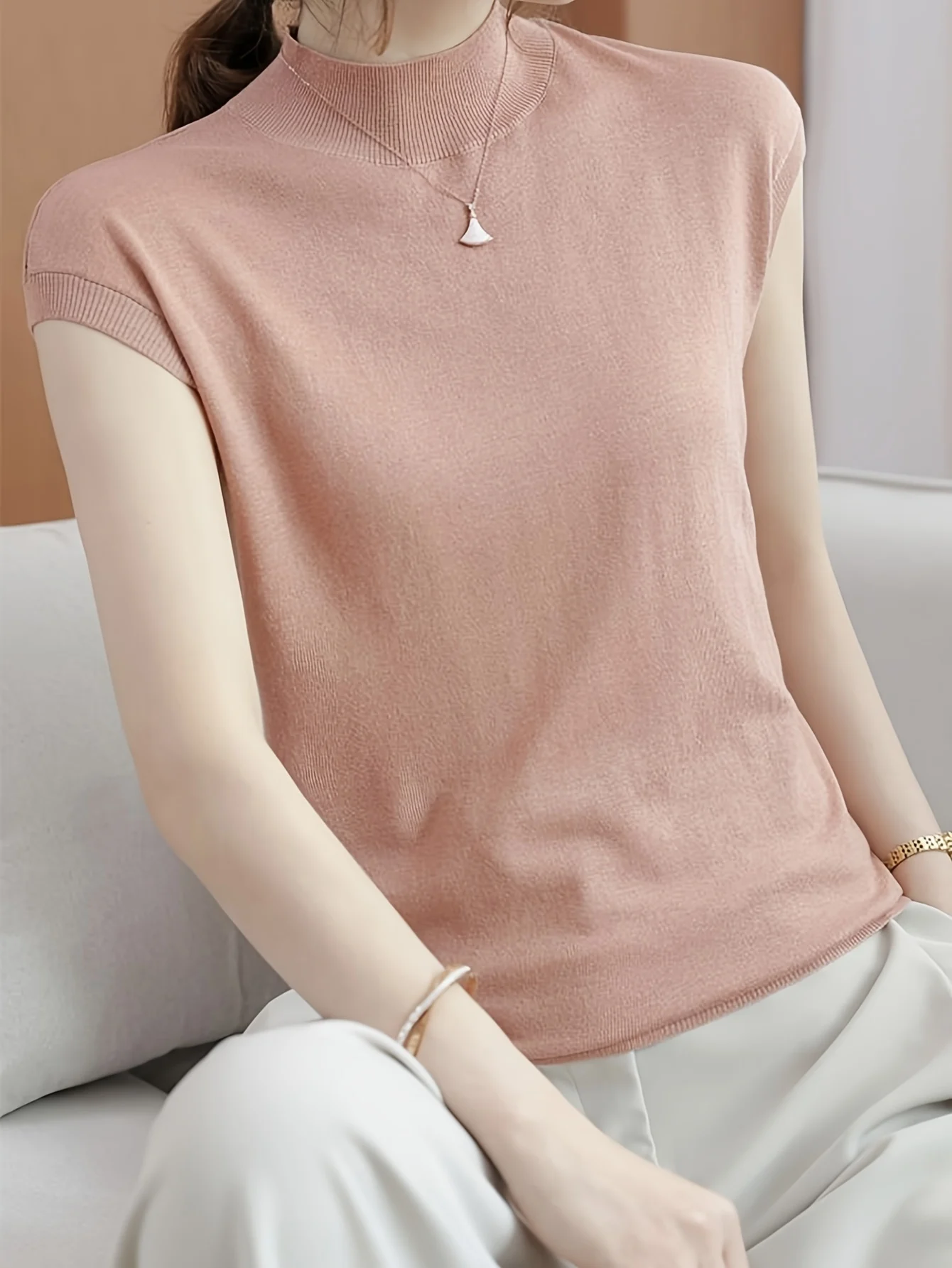 New Light Mature Style Temperament Top Ice Sweater Women'S Summer Thin Semi-High Neck Short Sleeve T-Shirt Fashion Top - 图片 15
