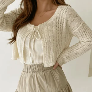 New Spring Summer Tie-Up Women'S Cardigan, Thick Needle Lace Crochet Hollow Sweater, Sweet Solid Color Short Round Neck Top Long Sleeve Outerwear, Multi-Scene Wear Beach Vacation Shawl Coat