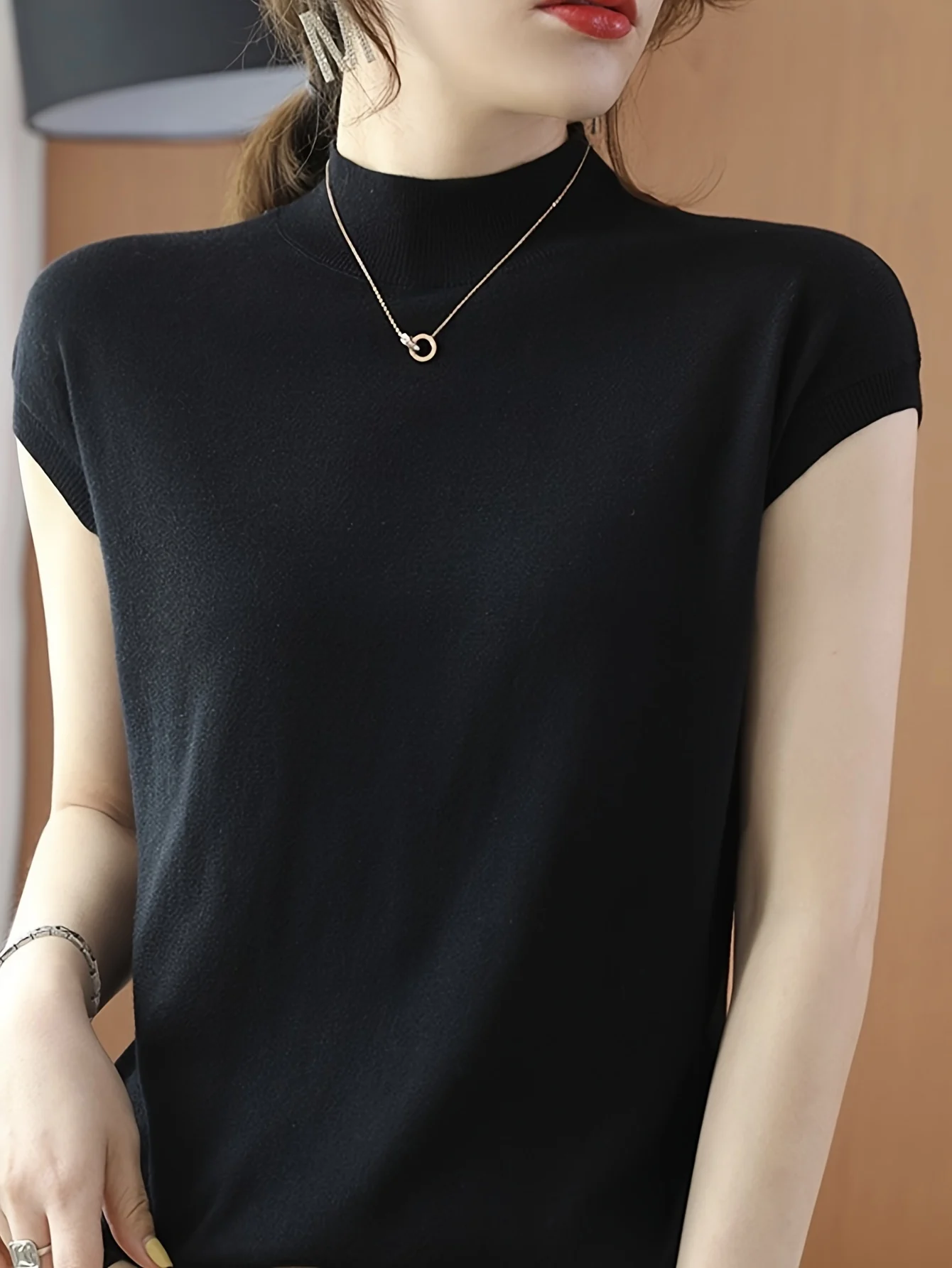 New Light Mature Style Temperament Top Ice Sweater Women'S Summer Thin Semi-High Neck Short Sleeve T-Shirt Fashion Top - 图片 12