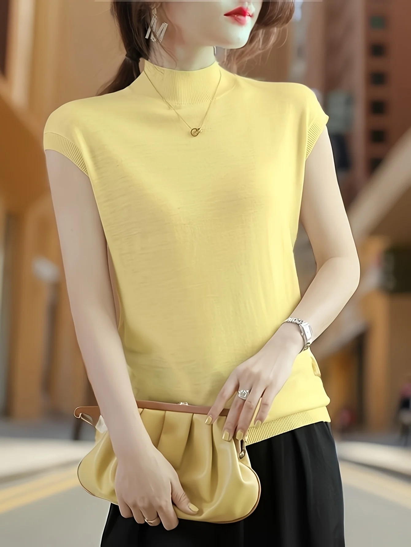 New Light Mature Style Temperament Top Ice Sweater Women'S Summer Thin Semi-High Neck Short Sleeve T-Shirt Fashion Top - 图片 2