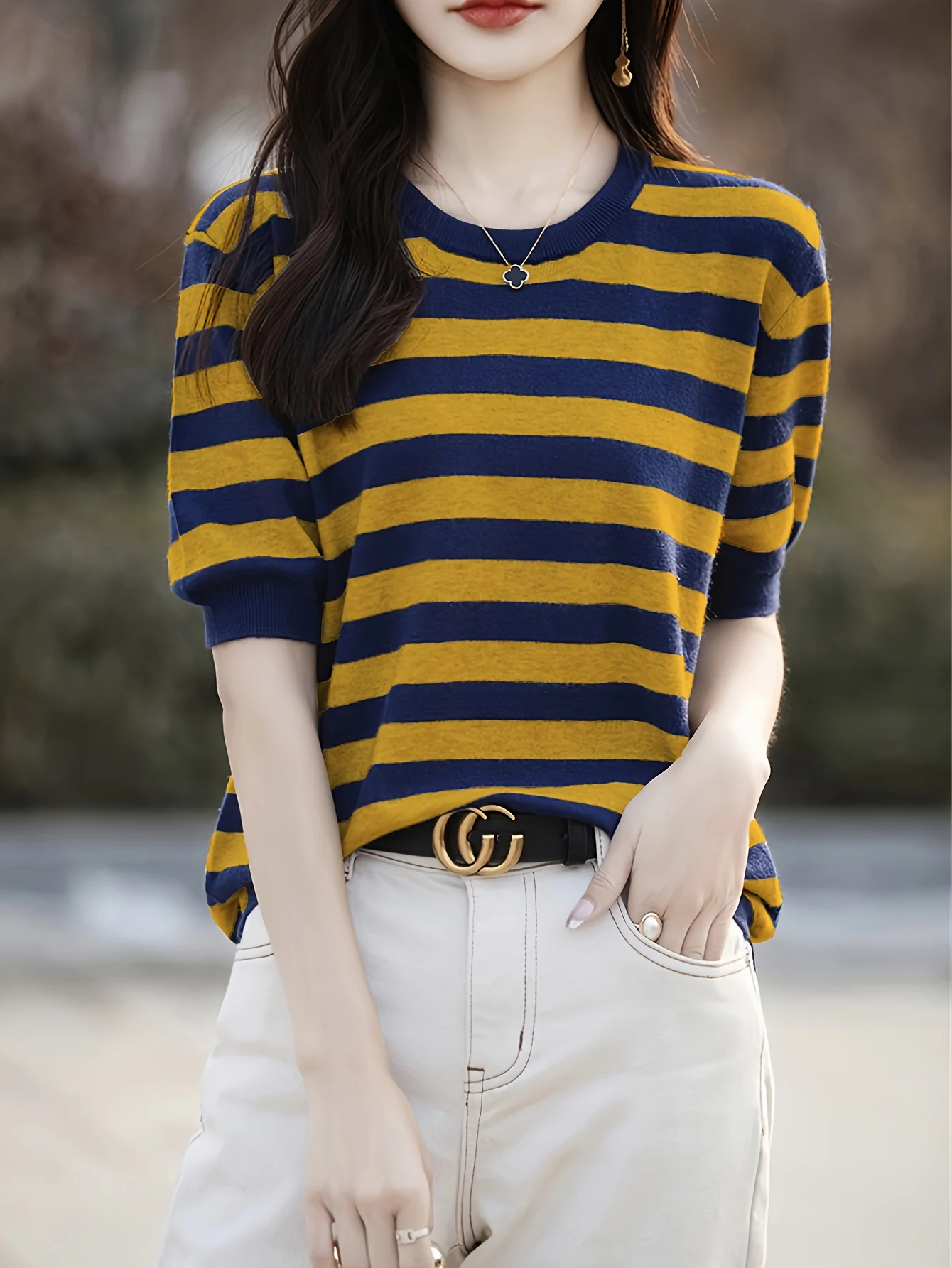 New Striped T-Shirt for Women, Loose Fit Crew Neck Pullover, Women's Short Sleeve T-Shirt, Straight Top for Women - 图片 5