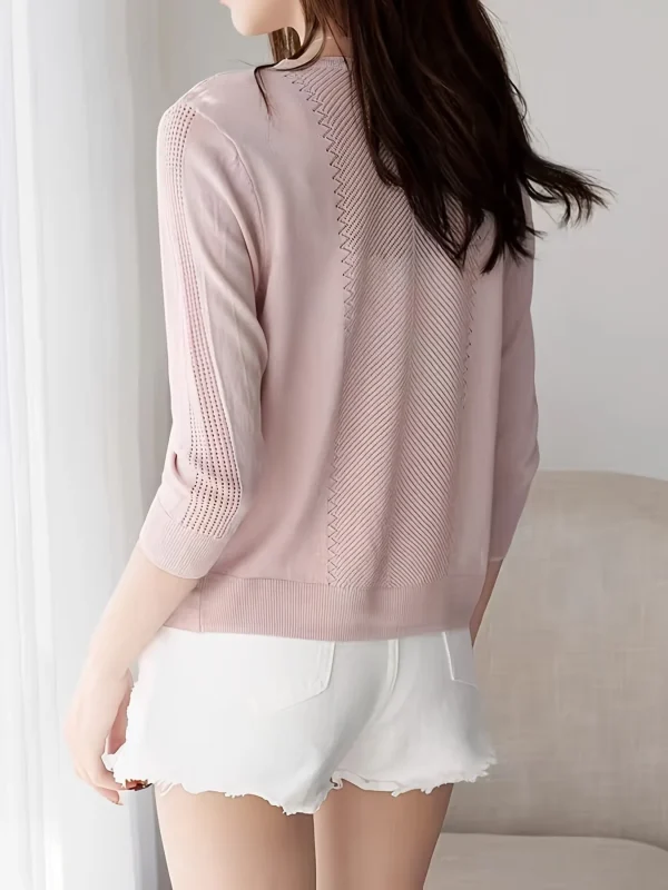 Women'S V-Neck Cardigan with Three-Quarter Sleeves, Thin Sweater - 图片 6