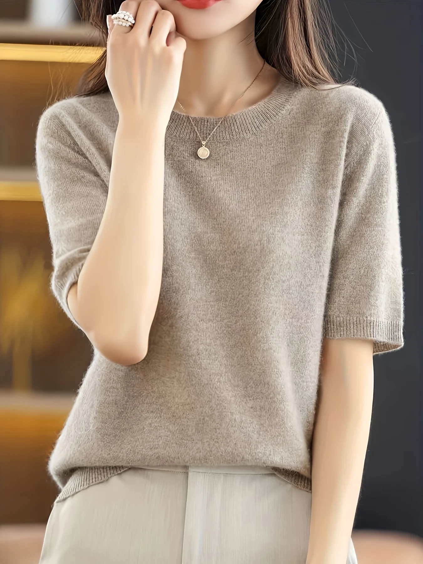 Self-developed Women's Short-sleeve Pullover Round-neck Half-sleeve Short Base Layer Shirt - 图片 2
