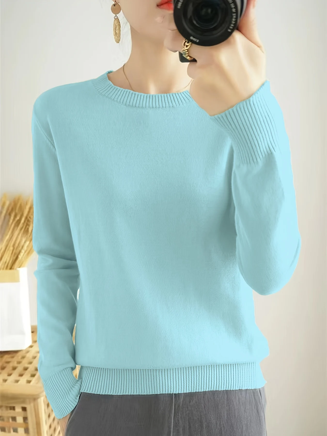 Women's Elegant Long Sleeve Ribbed Sweater - Round Neck Semi-Sheer Top with Moderate Stretch, All-Season Layering Essential, Solid Color Casual to Dressy Versatile Wardrobe Staple, Ladies Sweaters, Everyday Comfort Wear, Minimalistic Design, Quality Knitwear - 图片 3