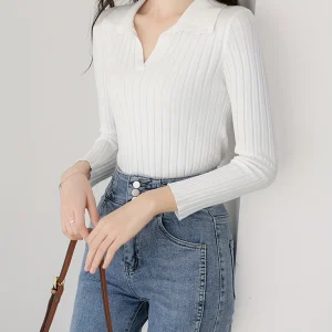 Ribbed Sweater, New Autumn/winter Casual Versatile Elegant Pullover Neck Base Layer Top for Women