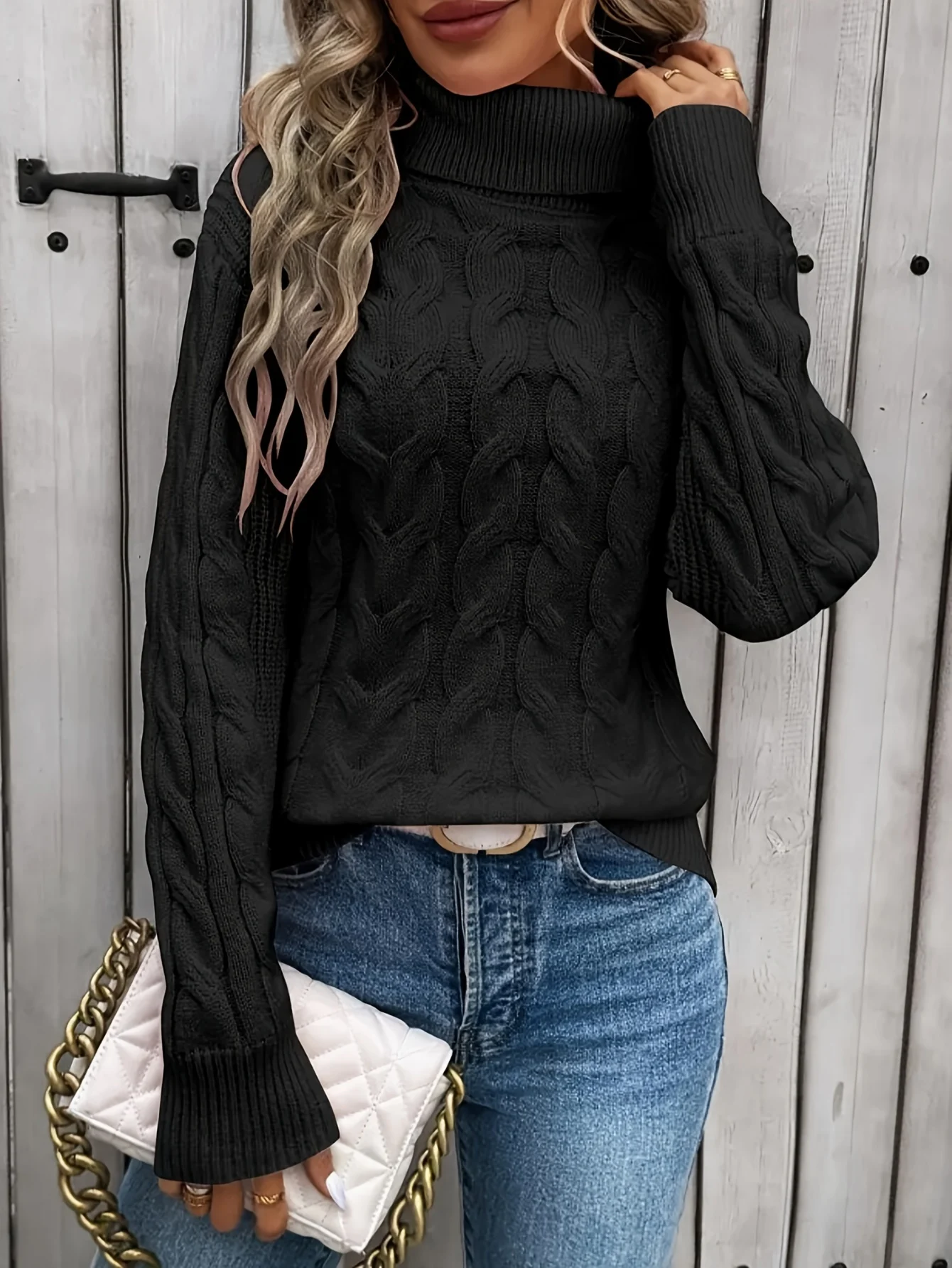 Chic Cable Knit Turtleneck Sweater for Women - Casual Long Sleeve, High Stretch, Solid Color Pullover - 图片 5