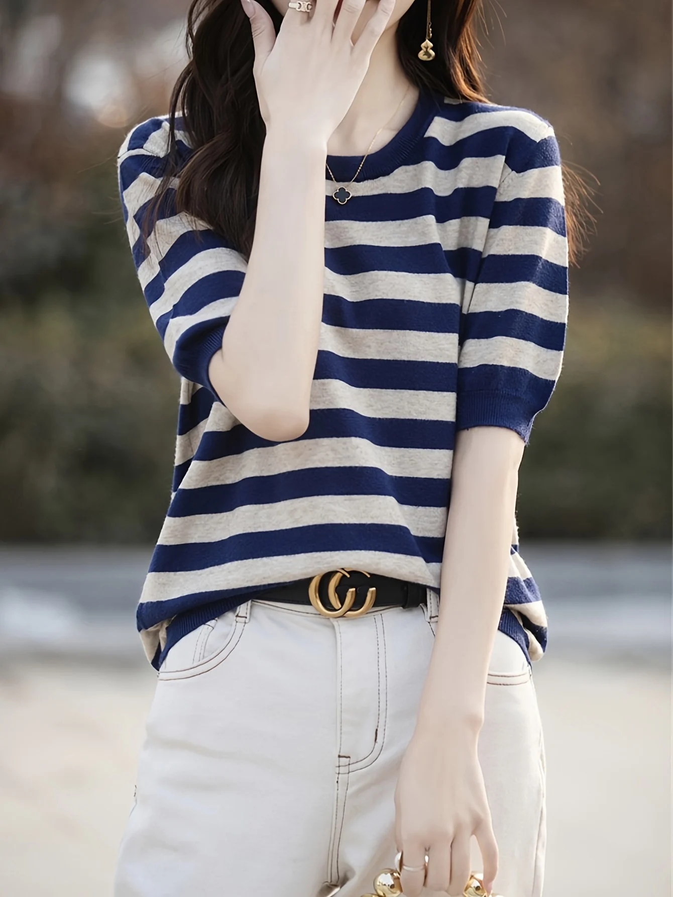 New Striped T-Shirt for Women, Loose Fit Crew Neck Pullover, Women's Short Sleeve T-Shirt, Straight Top for Women - 图片 15
