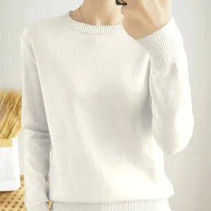 Women's Elegant Long Sleeve Ribbed Sweater - Round Neck Semi-Sheer Top with Moderate Stretch, All-Season Layering Essential, Solid Color Casual to Dressy Versatile Wardrobe Staple, Ladies Sweaters, Everyday Comfort Wear, Minimalistic Design, Quality Knitwear