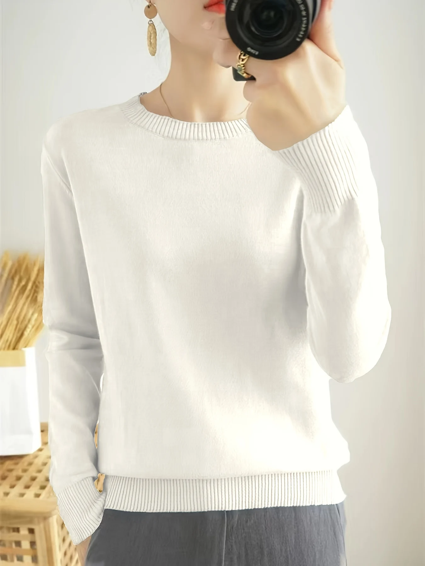 Women's Elegant Long Sleeve Ribbed Sweater - Round Neck Semi-Sheer Top with Moderate Stretch, All-Season Layering Essential, Solid Color Casual to Dressy Versatile Wardrobe Staple, Ladies Sweaters, Everyday Comfort Wear, Minimalistic Design, Quality Knitwear