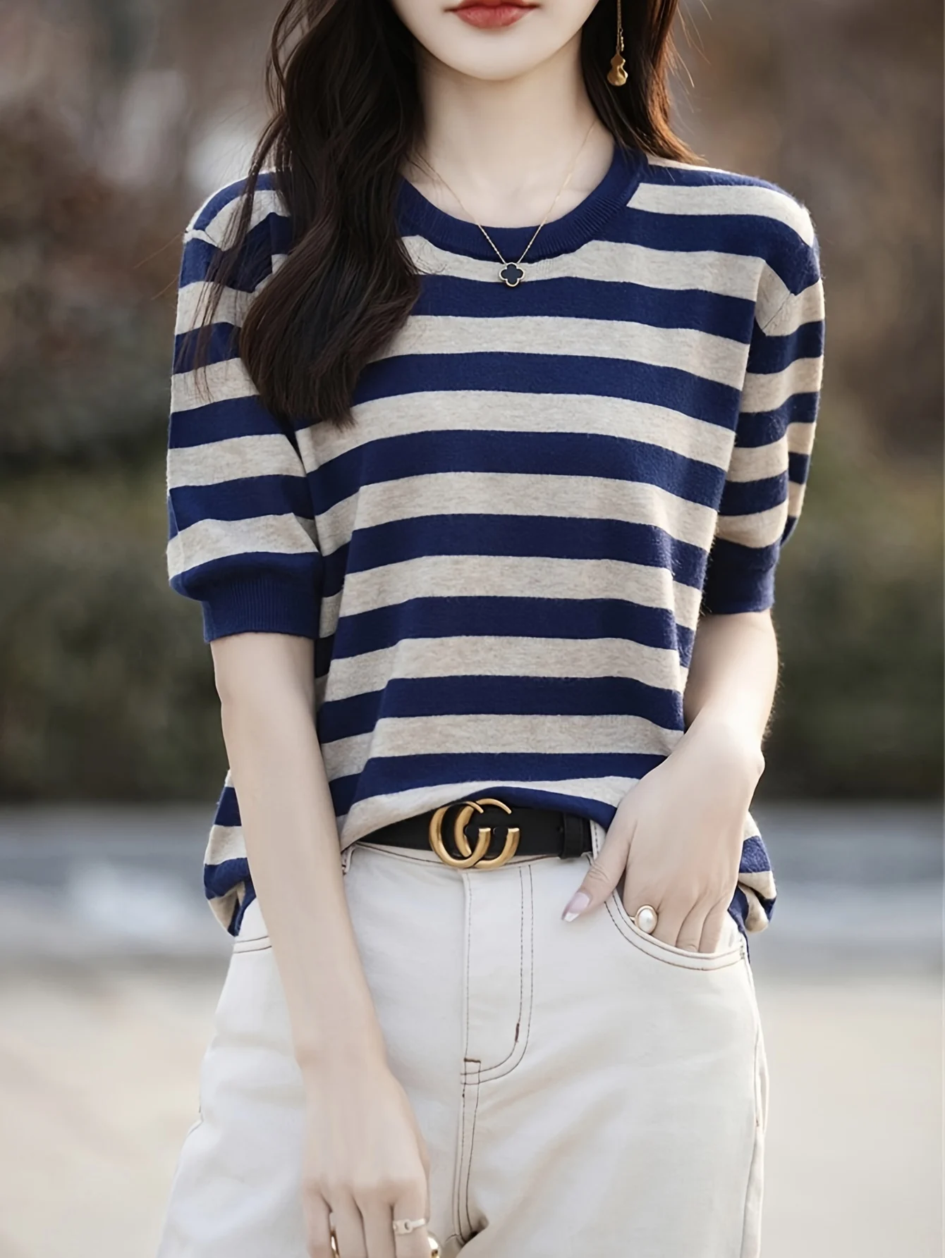 New Striped T-Shirt for Women, Loose Fit Crew Neck Pullover, Women's Short Sleeve T-Shirt, Straight Top for Women - 图片 18