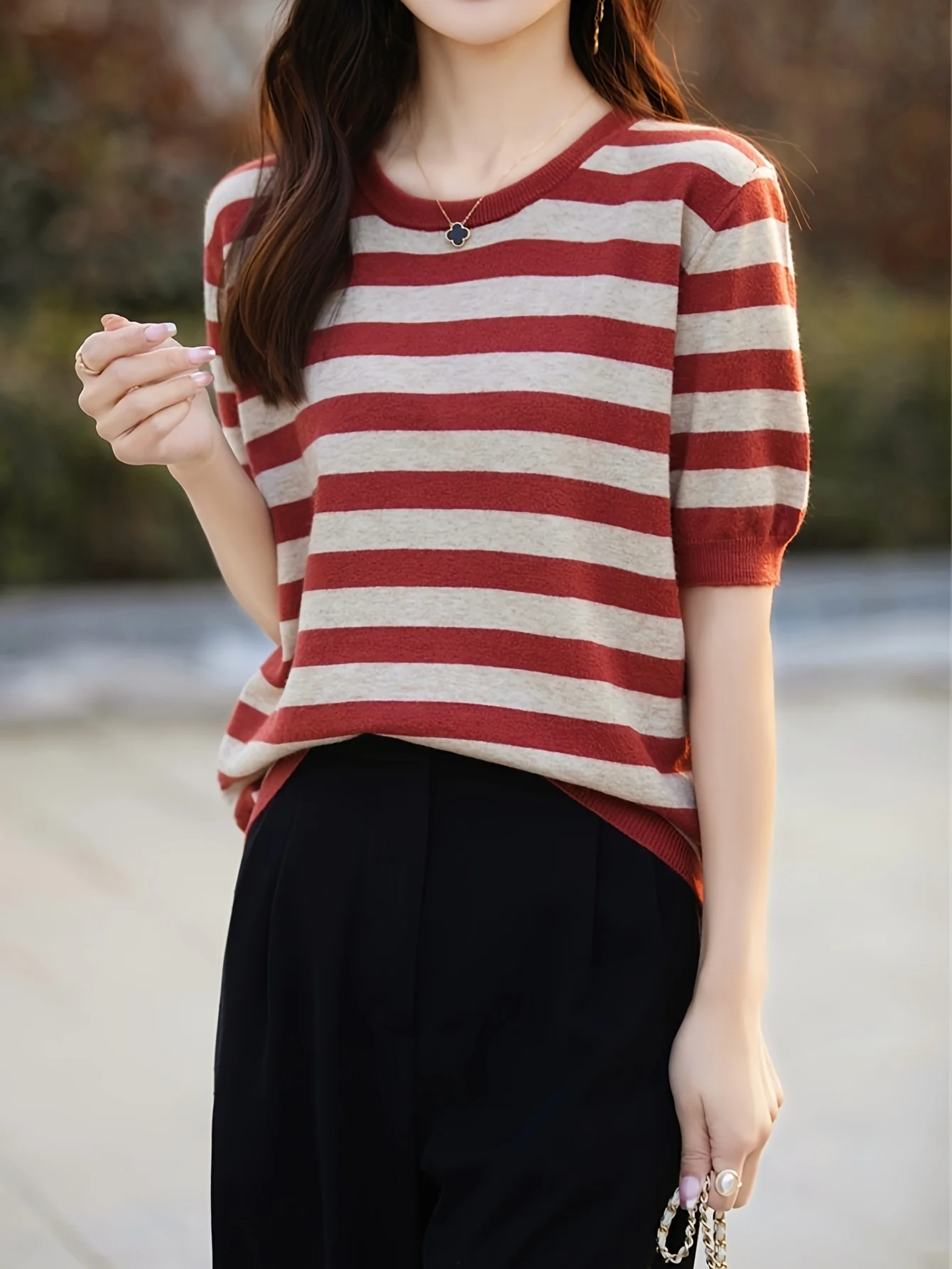New Striped T-Shirt for Women, Loose Fit Crew Neck Pullover, Women's Short Sleeve T-Shirt, Straight Top for Women - 图片 12