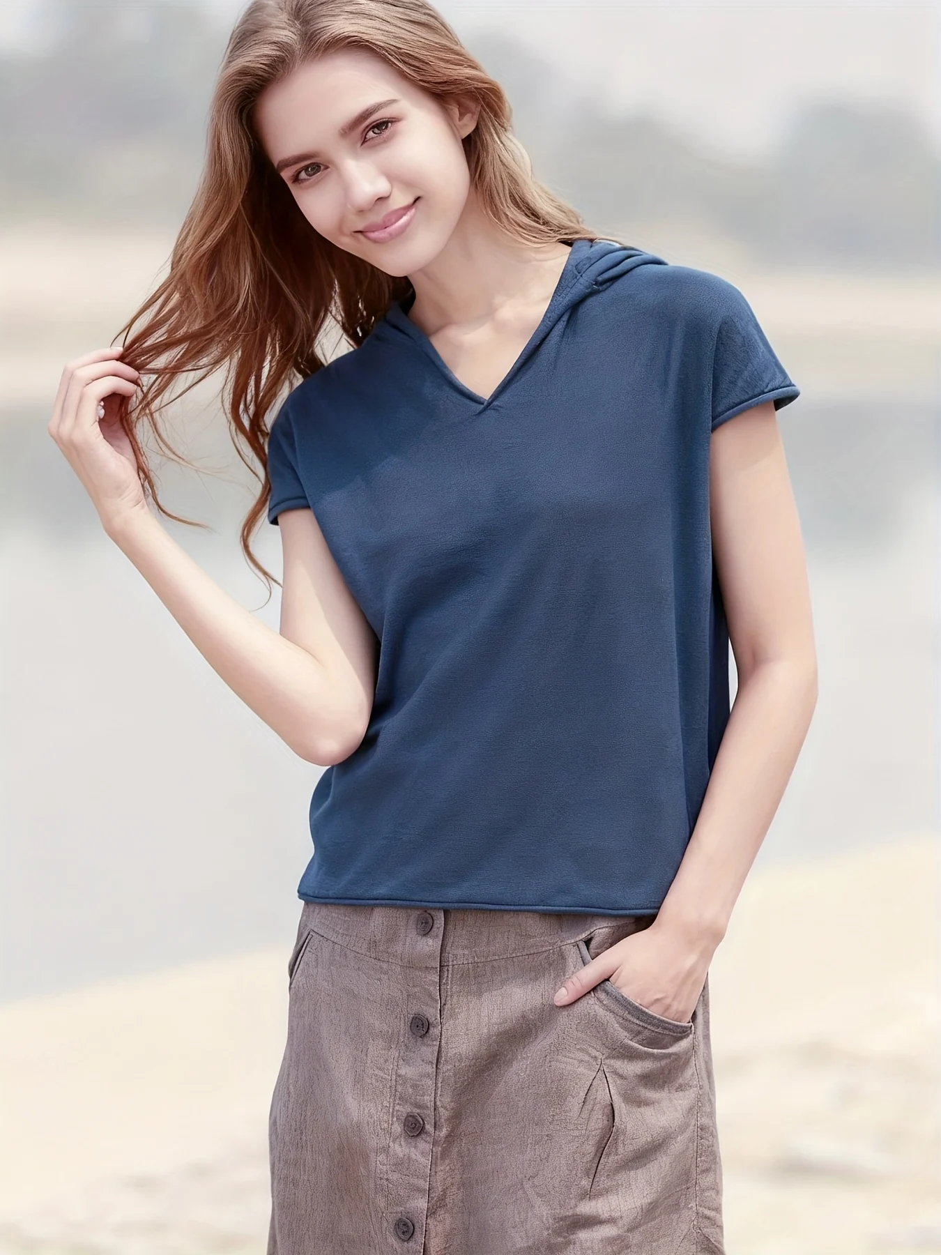 Fine New Solid Color T-Shirt Women'S V-Neck Short Sleeve Loose Casual Sweater Top - 图片 12