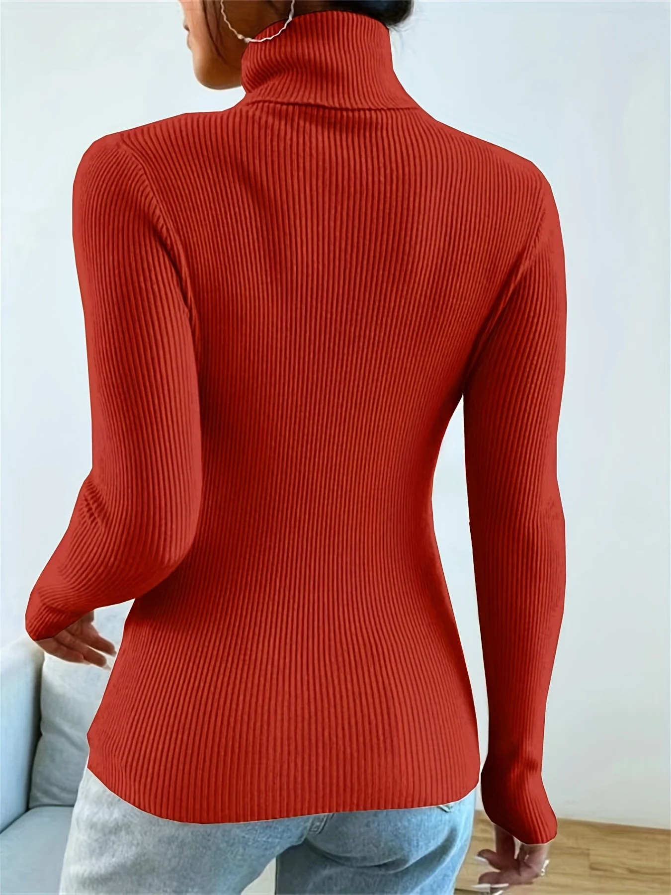 Solid Turtle Neck Sweater, Casual Long Sleeve Sweater For Fall & Winter, Women's Clothing - 图片 4