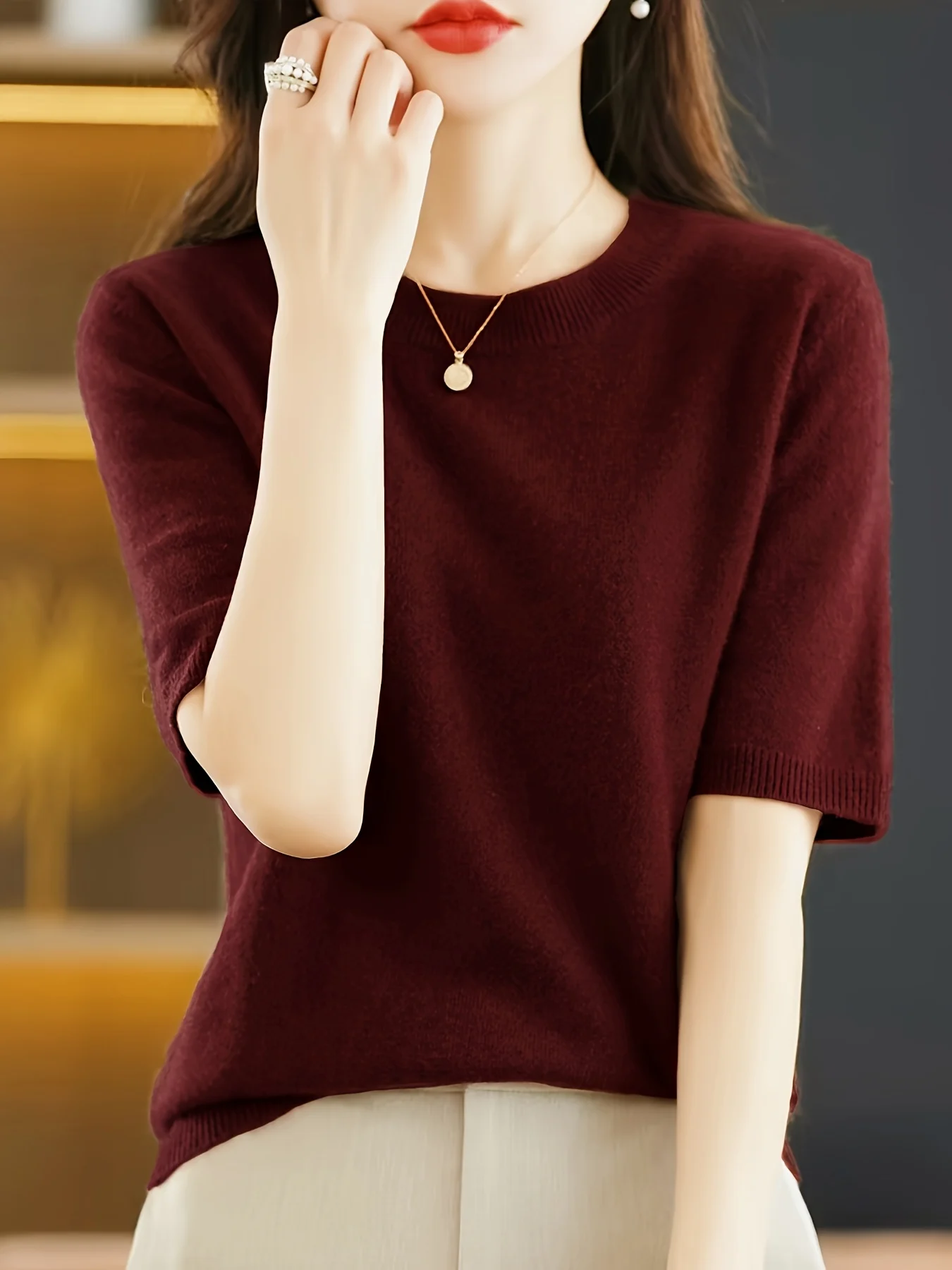 Self-developed Women's Short-sleeve Pullover Round-neck Half-sleeve Short Base Layer Shirt - 图片 15