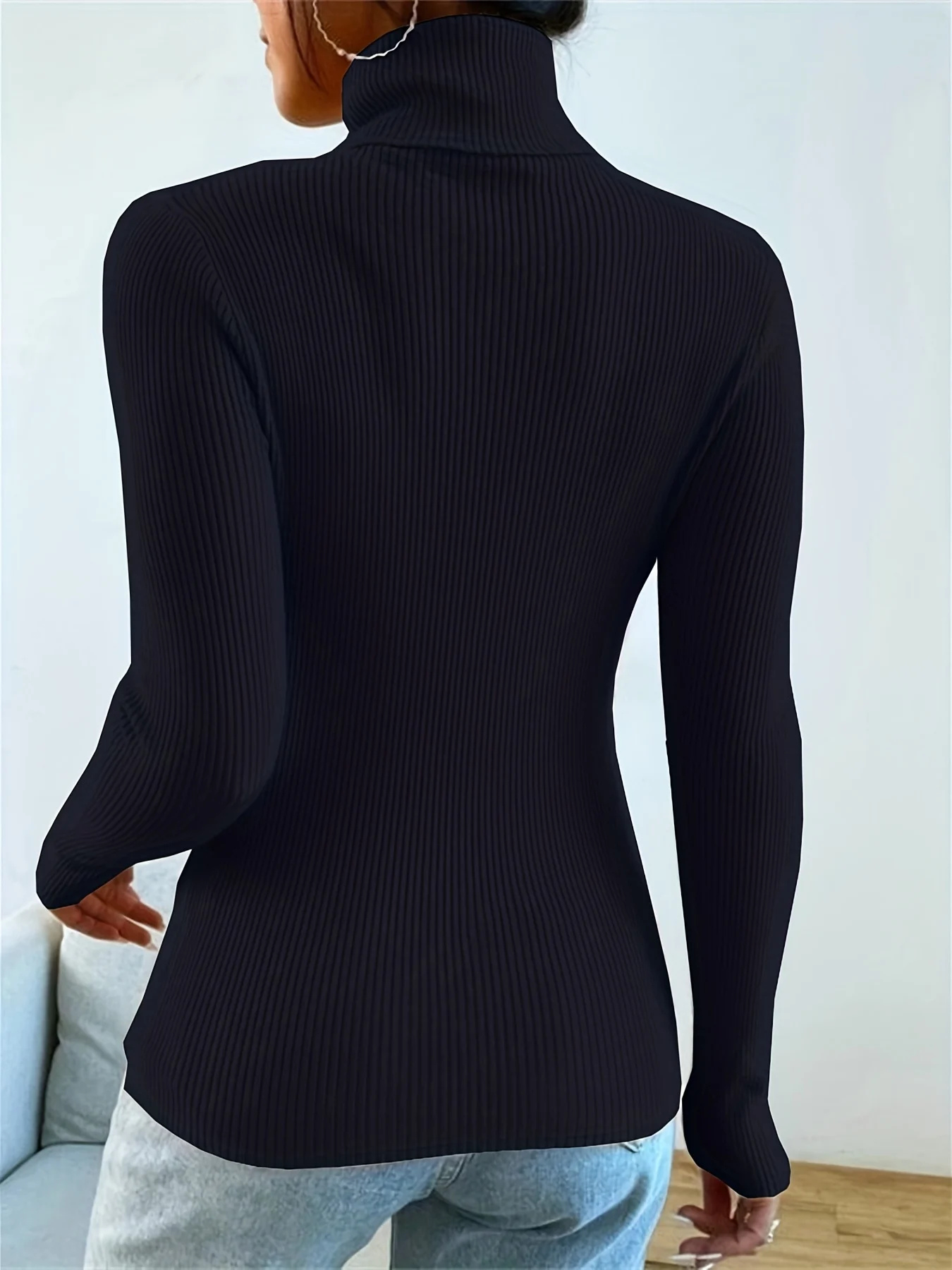 Solid Turtle Neck Sweater, Casual Long Sleeve Sweater For Fall & Winter, Women's Clothing - 图片 6