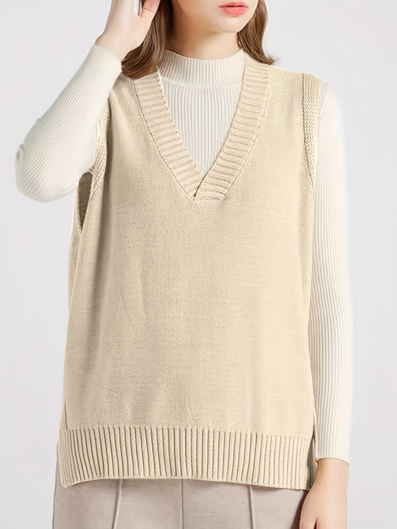 Valentine's Day Side Split V Neck Sweater Vest, Vacation Knitted Sleeveless Sweater Vest, Women's Clothing - 图片 2
