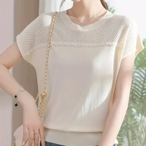 Women's Summer Loose Fit Thin Crochet Hollow-Out Beaded Short Sleeve T-Shirt Top