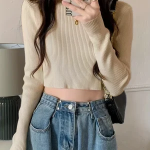Women'S Rib-Knit Knit Top, Casual Solid Color High Neck Pullover, Viscose Blend (30% Viscose, 30% Polyamide, 20% Modal, 20% Elastane), All-Season Slim Fit Crop Sweater