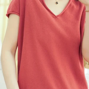 Fine New Solid Color T-Shirt Women'S V-Neck Short Sleeve Loose Casual Sweater Top