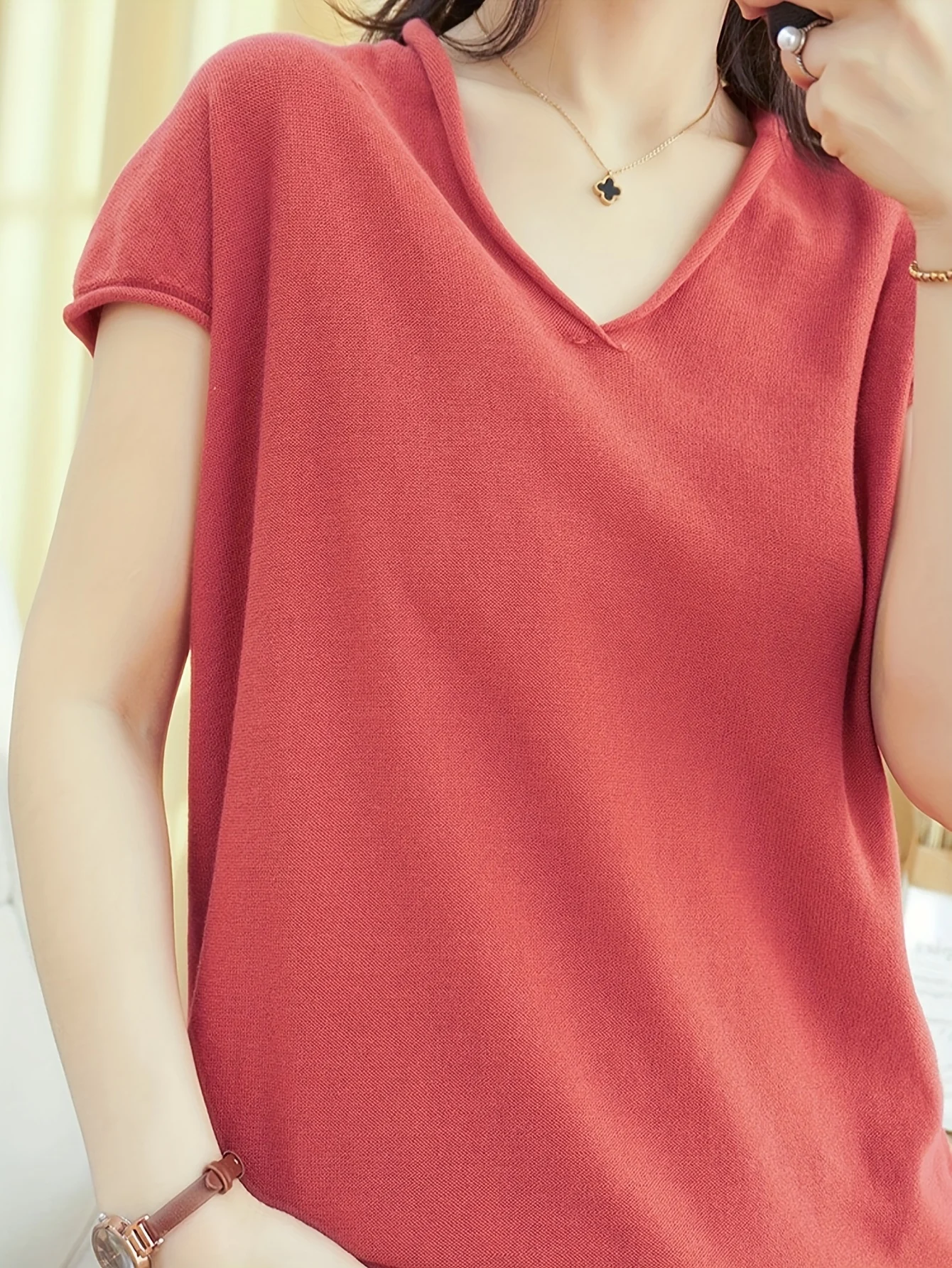 Fine New Solid Color T-Shirt Women'S V-Neck Short Sleeve Loose Casual Sweater Top