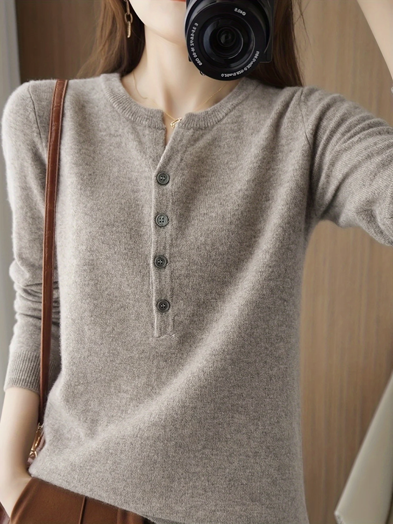 Solid Color Long Sleeve V-Neck T-Shirt for Women, New Fashion Simple Elegant Top