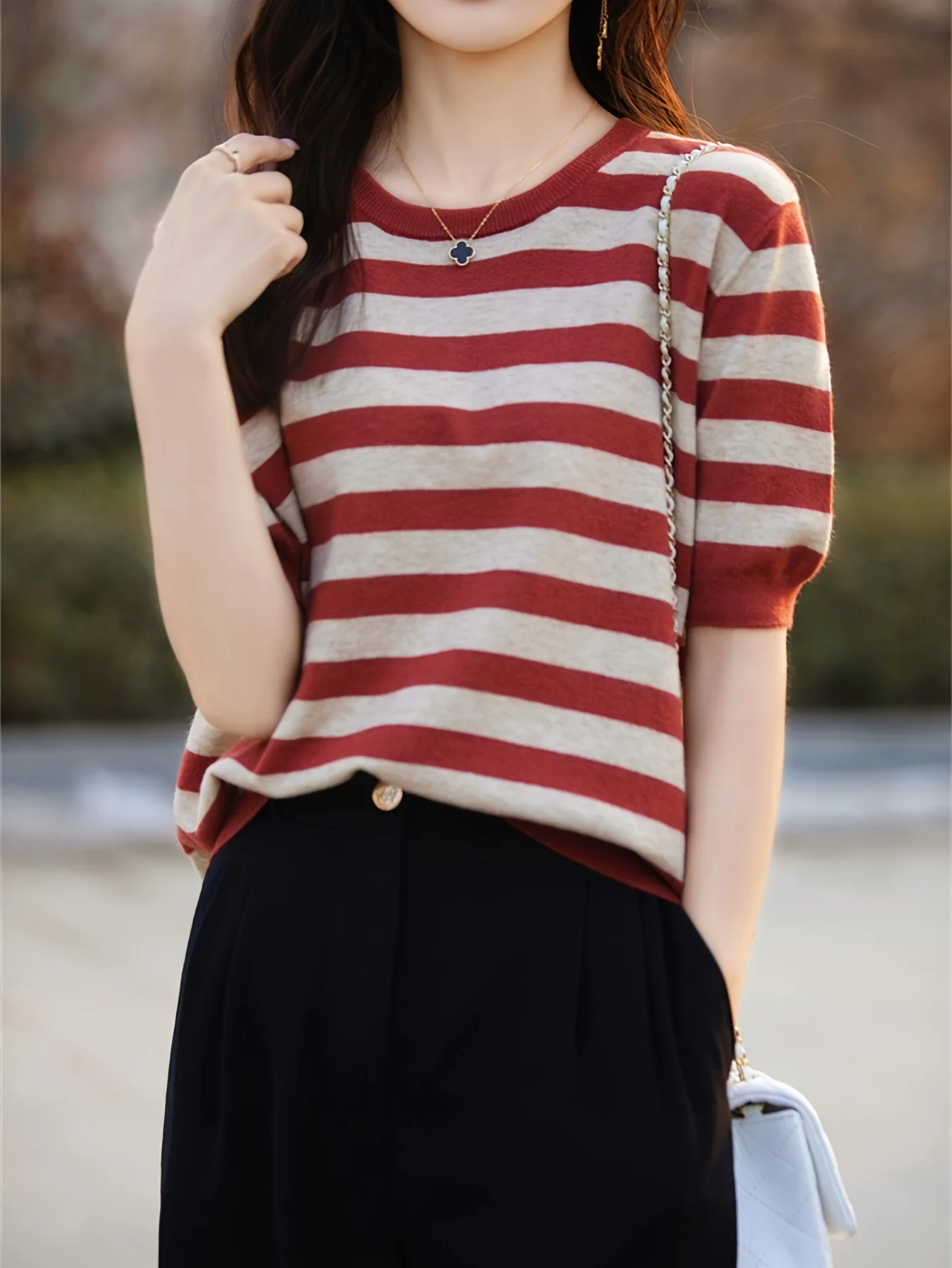 New Striped T-Shirt for Women, Loose Fit Crew Neck Pullover, Women's Short Sleeve T-Shirt, Straight Top for Women - 图片 30
