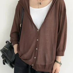 Finer Sweater Women'S Thin Loose Outerwear Air-Conditioned Shirt Top Hooded Coat