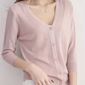 Women'S V-Neck Cardigan with Three-Quarter Sleeves, Thin Sweater
