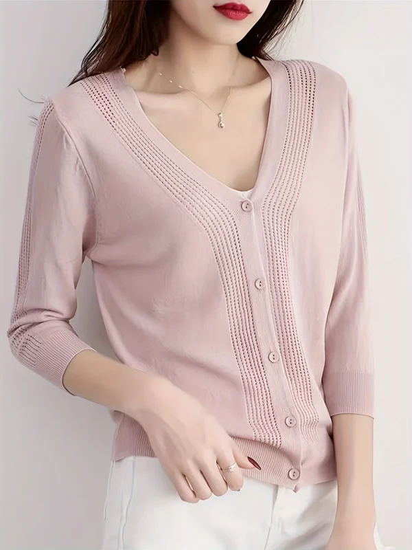 Women'S V-Neck Cardigan with Three-Quarter Sleeves, Thin Sweater