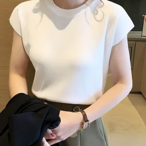 New Ice Sweater Women'S Summer Thin Elegant Loose Round Neck Solid Color Versatile Drop Shoulder Short Sleeve Top