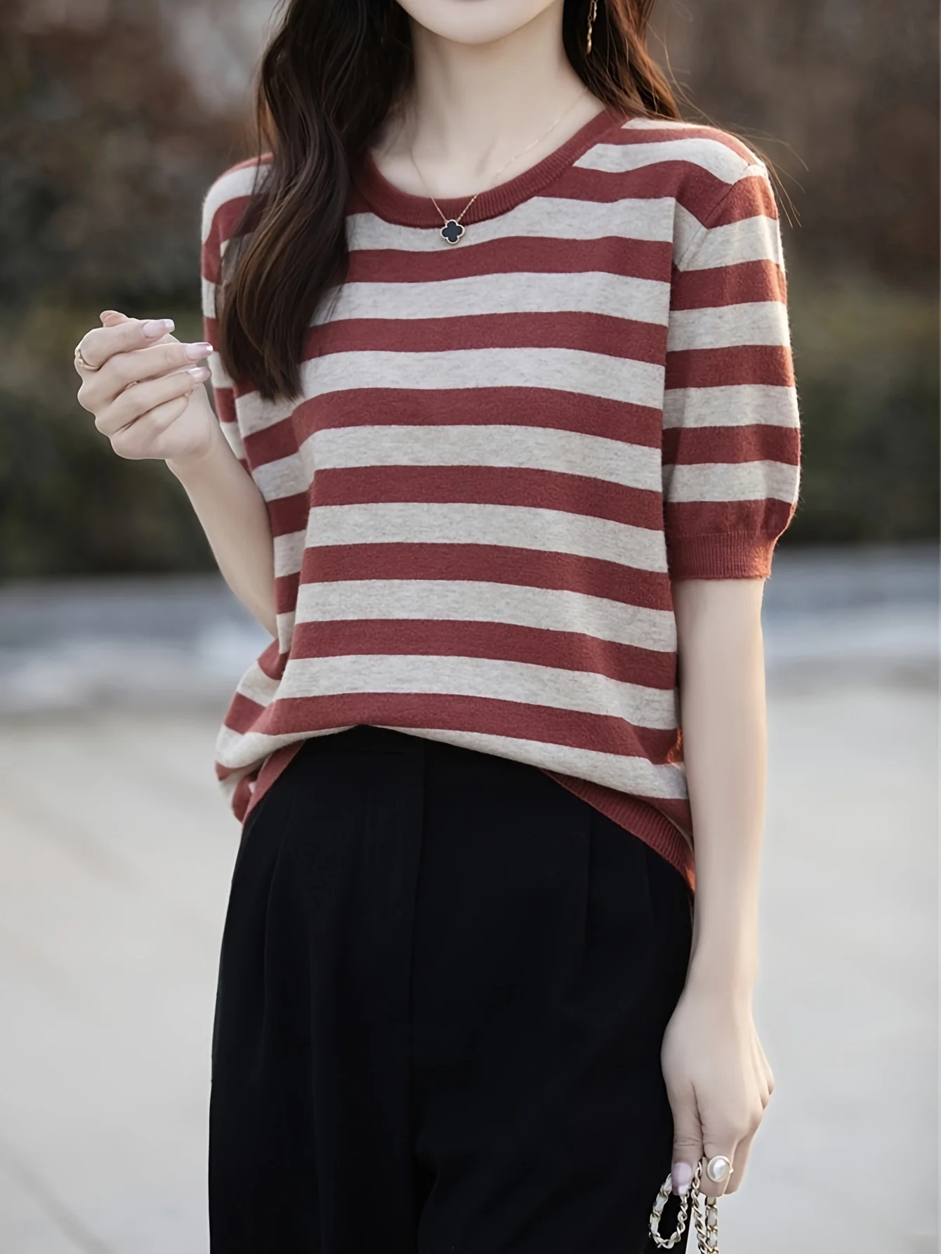 New Striped T-Shirt for Women, Loose Fit Crew Neck Pullover, Women's Short Sleeve T-Shirt, Straight Top for Women - 图片 14