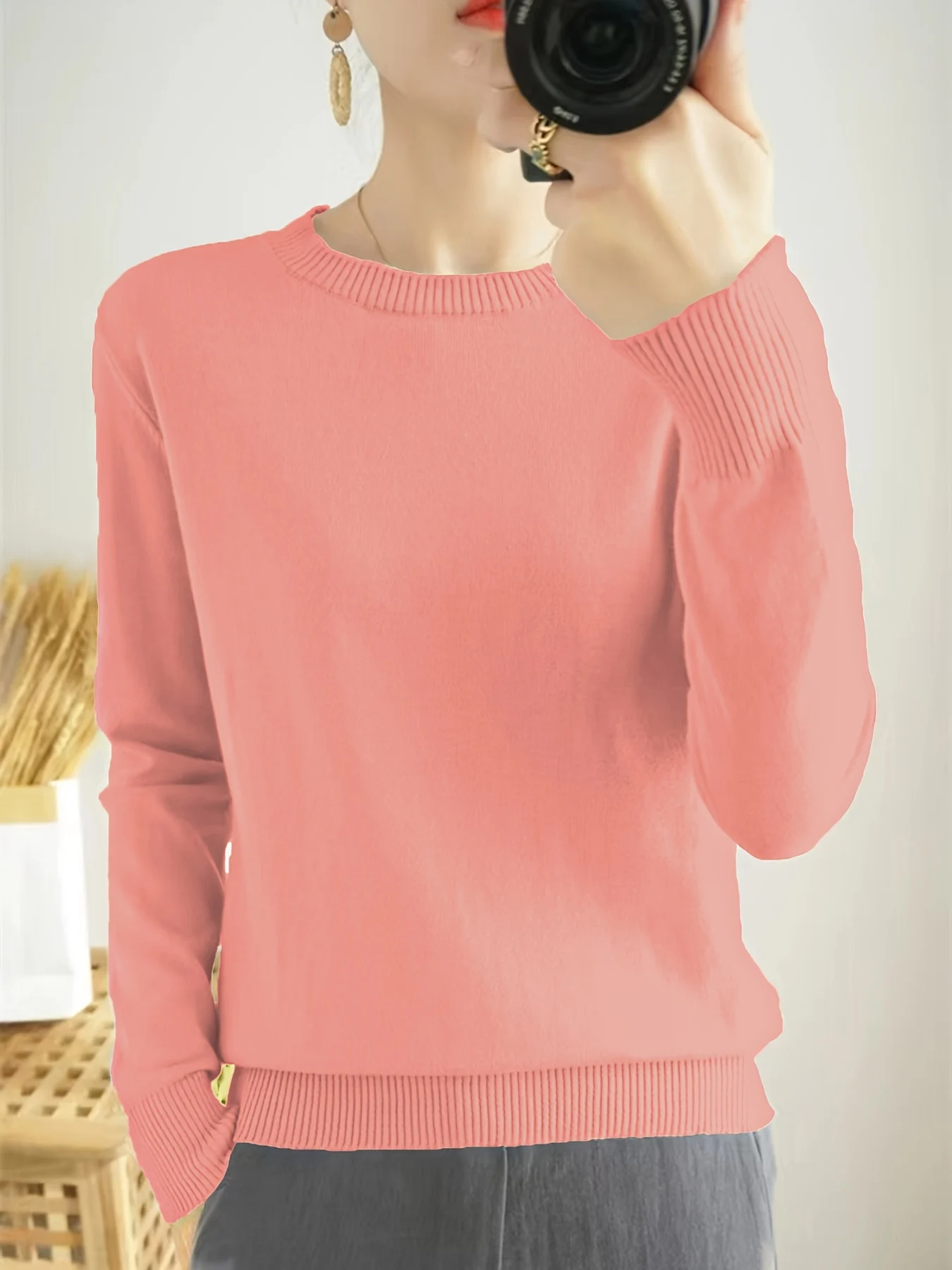 Women's Elegant Long Sleeve Ribbed Sweater - Round Neck Semi-Sheer Top with Moderate Stretch, All-Season Layering Essential, Solid Color Casual to Dressy Versatile Wardrobe Staple, Ladies Sweaters, Everyday Comfort Wear, Minimalistic Design, Quality Knitwear - 图片 2