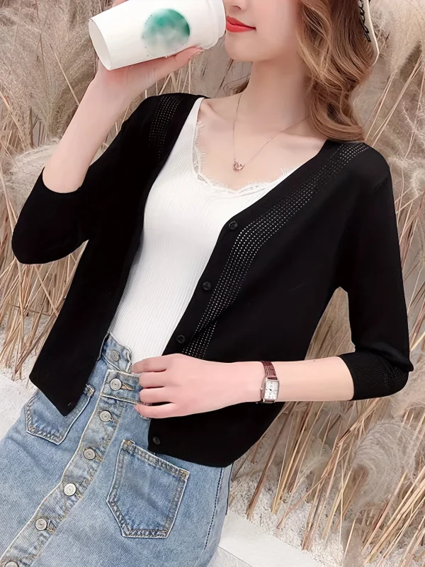 Women'S V-Neck Cardigan with Three-Quarter Sleeves, Thin Sweater - 图片 20
