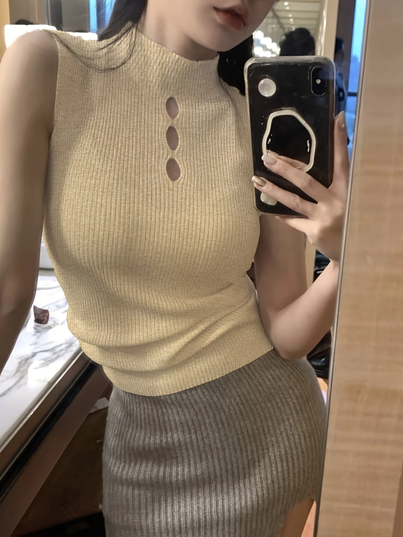 Fine- Semi-high Neck Sleeveless Cardigan Women's Inner Layer Summer Spring Autumn Top Base Layer Tight-fitting Hollow-out Shirt - 图片 3