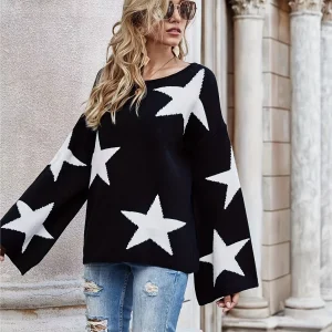Star Pattern Crew Neck Pullover Sweater, Casual Long Sleeve Oversized Sweater, Women's Clothing