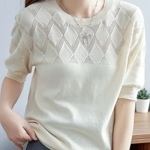 Women'S Casual Viscose Knit T-Shirt, Hollow Crew Neck Short Sleeve Top, Solid Color Slim Fit Loose Tee for All Seasons