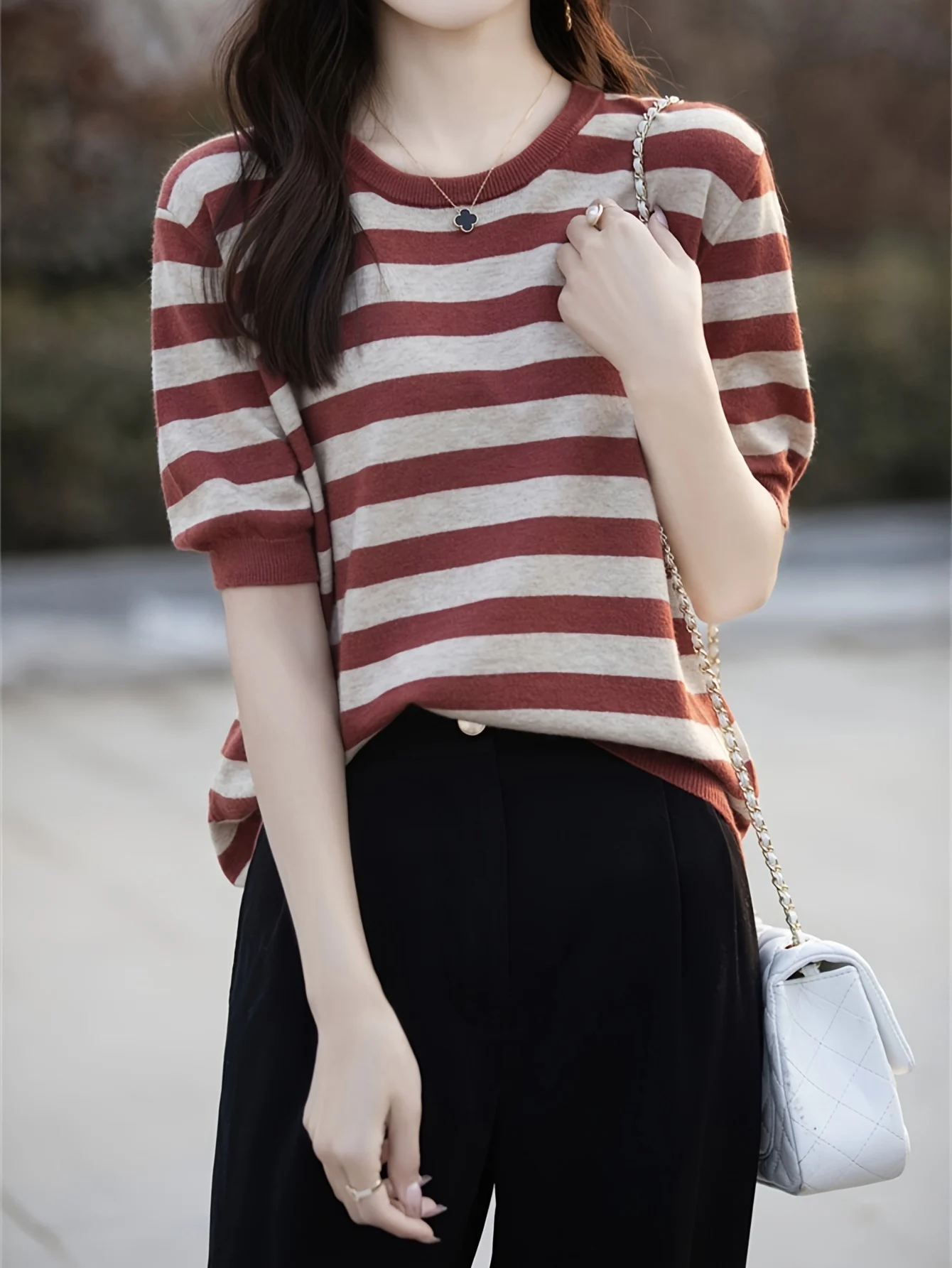 New Striped T-Shirt for Women, Loose Fit Crew Neck Pullover, Women's Short Sleeve T-Shirt, Straight Top for Women - 图片 12