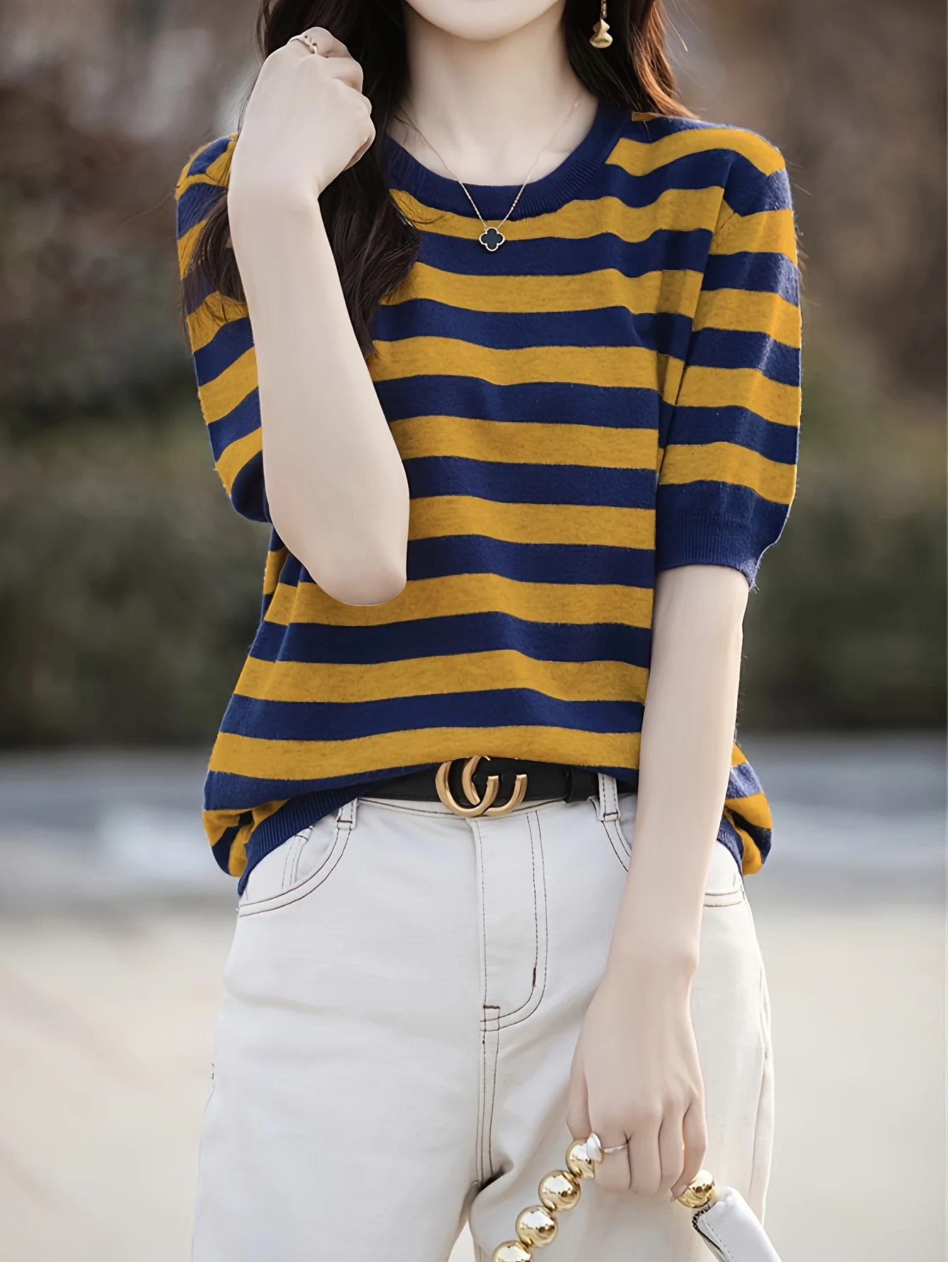 New Striped T-Shirt for Women, Loose Fit Crew Neck Pullover, Women's Short Sleeve T-Shirt, Straight Top for Women - 图片 26