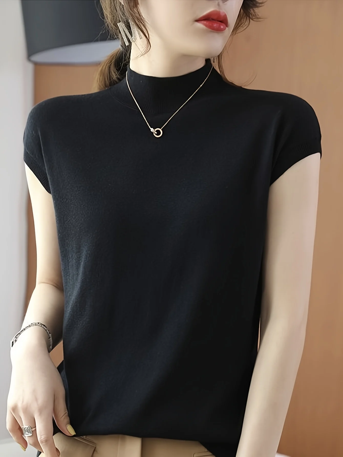 New Light Mature Style Temperament Top Ice Sweater Women'S Summer Thin Semi-High Neck Short Sleeve T-Shirt Fashion Top - 图片 3