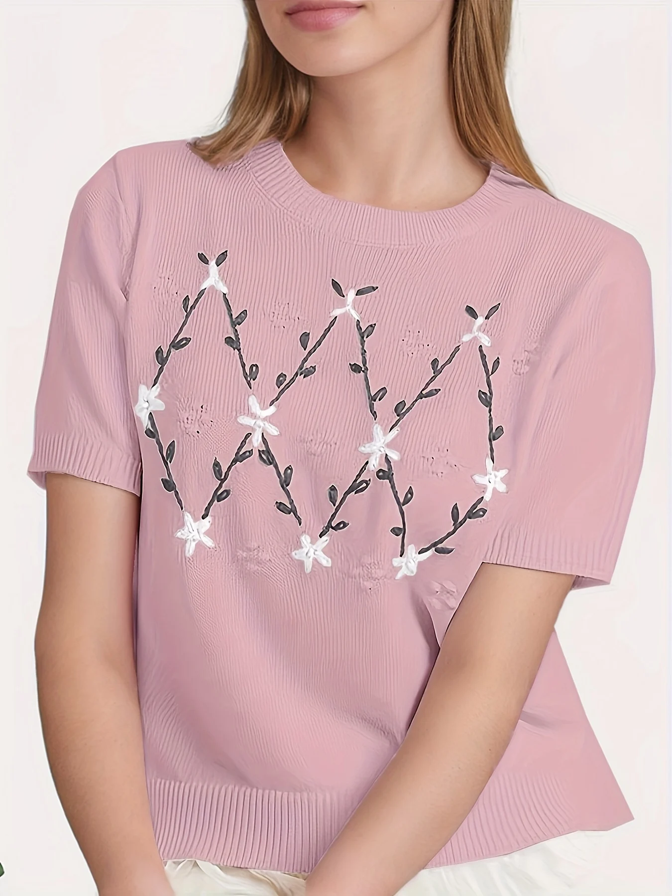 Embroidered Knit Sweater, Elegant Crew Neck Short Sleeve Sweater, Women's Clothing - 图片 2