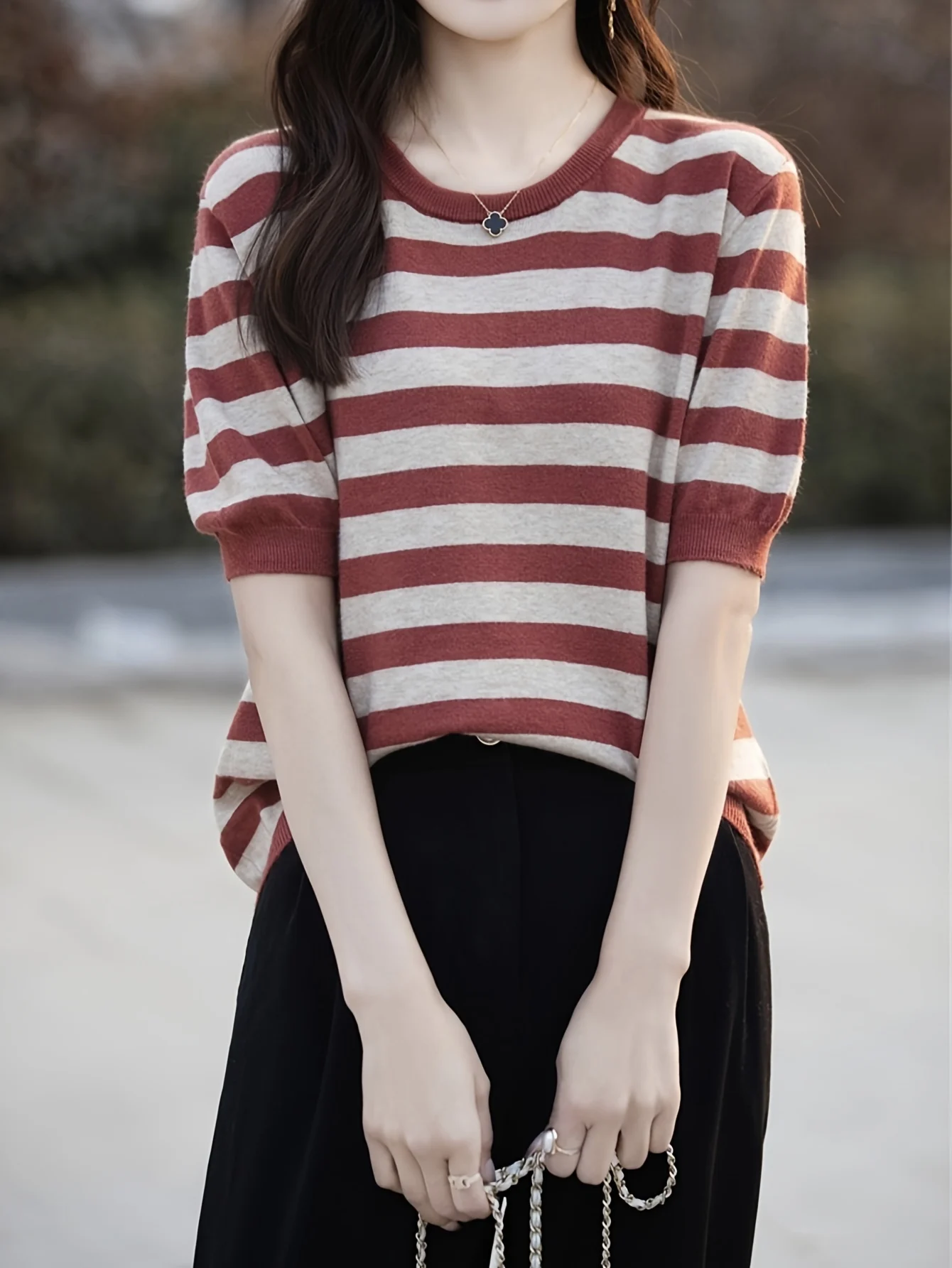 New Striped T-Shirt for Women, Loose Fit Crew Neck Pullover, Women's Short Sleeve T-Shirt, Straight Top for Women - 图片 7