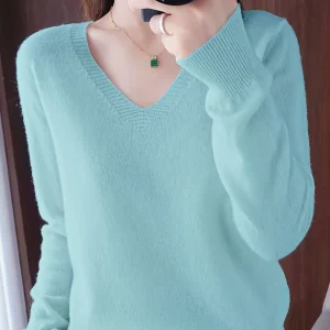 Women's Sexy V-Neck Loose Sweater - High Elasticity Lightweight Long Sleeve Top, Solid Color Fall Winter Versatile Layering Essential, Layering Fashion, Casual Winter Wear, Vneck Design, Highelasticity Fabric, Comfortable Wear