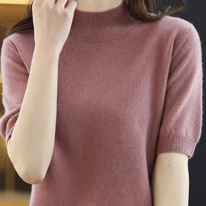 Temperament Elegant Half-Neck Short Sleeve Short Sweater Inner Layer Mid-Sleeve Base Shirt