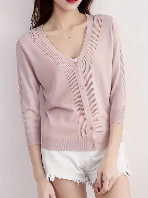 Women'S V-Neck Cardigan with Three-Quarter Sleeves, Thin Sweater - 图片 12